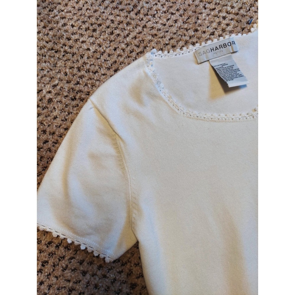 Sag Harbor Petite Cream White Short Sleeve Knit Sweater Tee PS Coquette